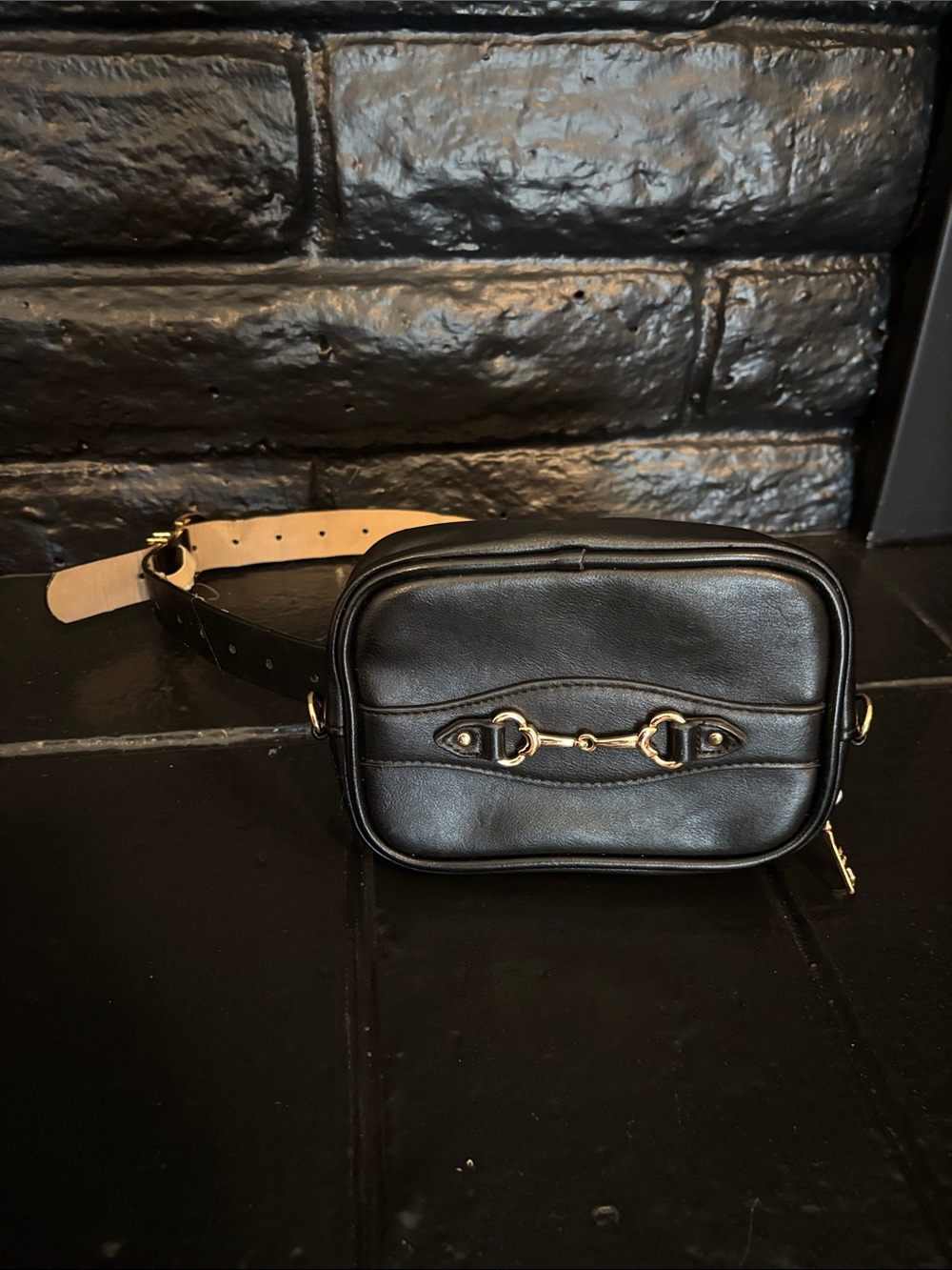 Women’s Steve Madden Black Leather Belt Bag with Gold Hardware